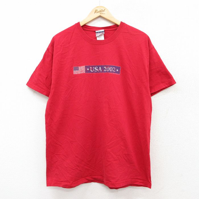 L★古着 半袖 ビンテージ Tシャツ メンズ 00年代 00s 星条旗 USAロゴ コットンクルーネック 赤 レッド 25jul31 中古