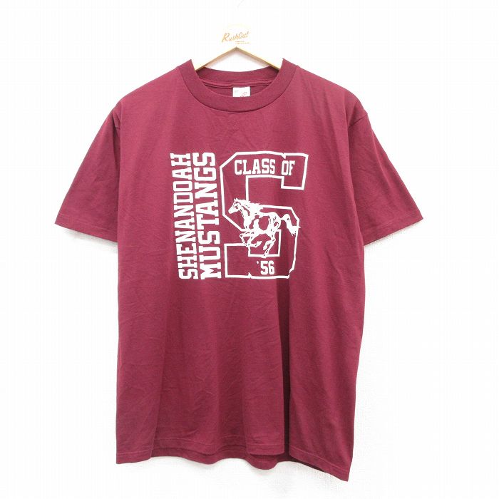 【50%OFF】L★古着 ジャージーズ 半袖 ビンテージ Tシャツ メンズ 90年代 90s シェナンドー ムスタング 馬 クルーネック USA製 エンジ 25jul31 中古