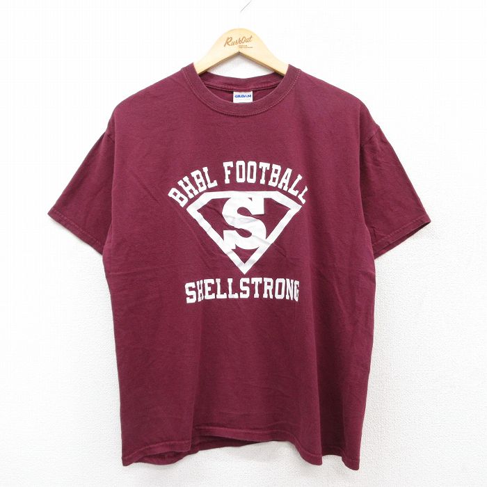 【50%OFF】L★古着 半袖 ビンテージ Tシャツ メンズ 00年代 00s BHBL フットボール コットン クルーネック エンジ 25jul31 中古