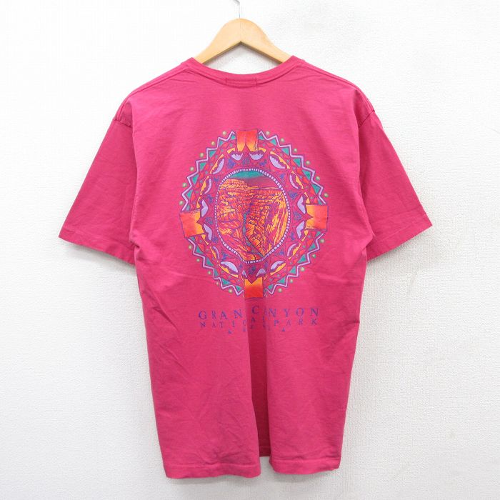 L★古着 半袖 ビンテージ Tシャツ メンズ 90年代 90s グランドキャニオン 胸ポケット付き コットン クルーネック USA製 濃ピンク 25jul31 中古