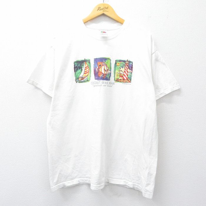 XL★古着 フルーツオブザルーム 半袖 ビンテージ Tシャツ メンズ 00年代 00s マイアミ ヨット 灯台 大きいサイズ コットン クルーネック 白 ホワイト 25jul31 中古