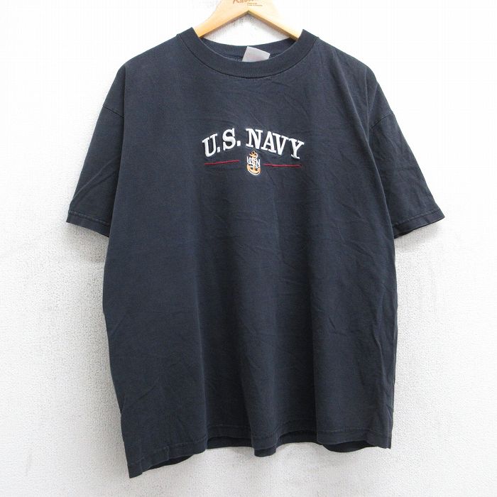 XL★古着 半袖 ビンテージ Tシャツ メンズ 00年代 00s USネイビー NAVY 刺繍 大きいサイズ コットン クルーネック 黒 ブラック 25aug01 中古