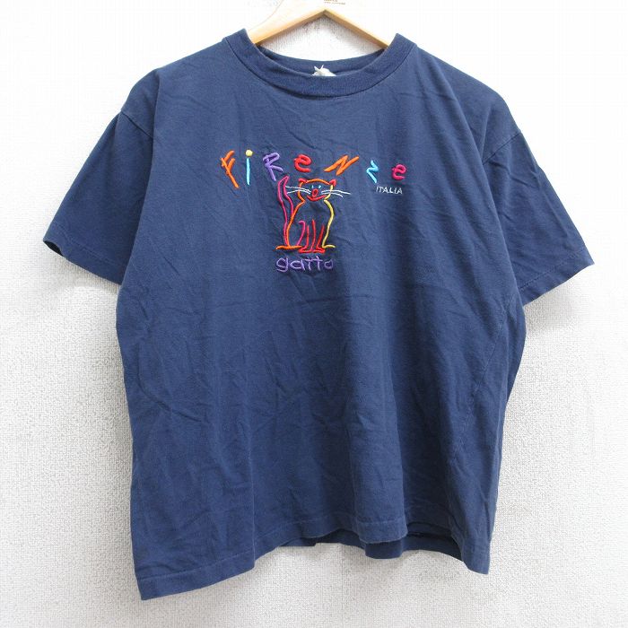 L★古着 半袖 ビンテージ Tシャツ メンズ 80年代 80s ネコ フィレンツェ 刺繍 クルーネック 紺 ネイビー 25aug01 中古