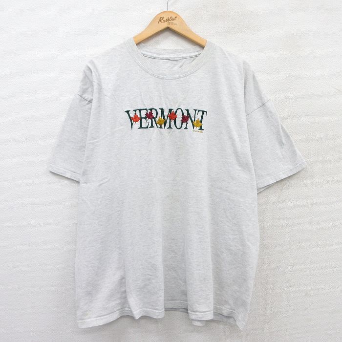 XL★古着 半袖 ビンテージ Tシャツ メンズ 90年代 90s バーモント 葉 刺繍 大きいサイズ クルーネック 薄グレー 霜降り 25aug01 中古