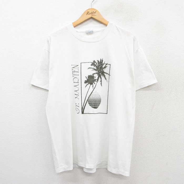 L★古着 ヘインズ Hanes 半袖 ビンテージ Tシャツ メンズ 80年代 80s ヤシの木 セントマーチン クルーネック USA製 白 ホワイト 25aug01 中古