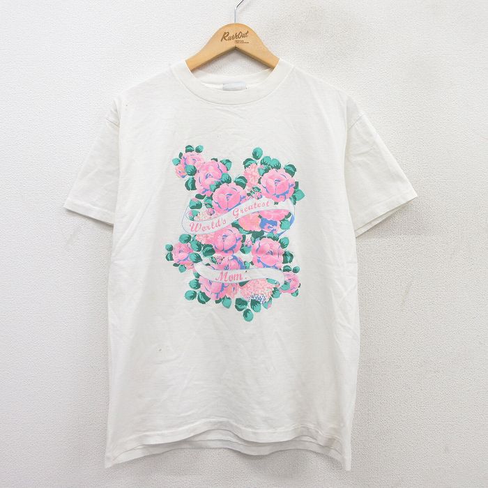 【50%OFF】L★古着 ベーシックエディションズ 半袖 ビンテージ Tシャツ メンズ 90年代 90s 花 クルーネック 白 ホワイト 25aug01 中古