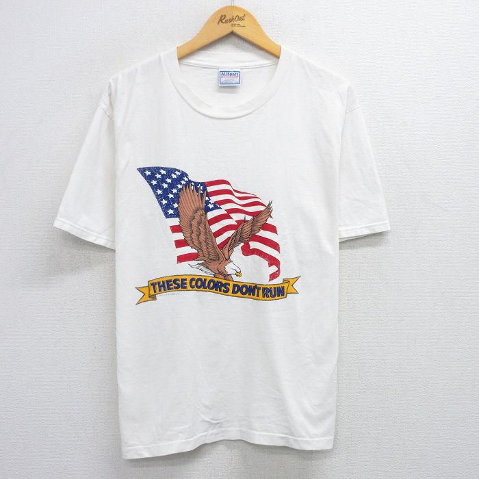 【50%OFF】L★古着 All sport 半袖 ビンテージ Tシャツ メンズ 90年代 90s 鳥 星条旗 コットン クルーネック USA製 白 ホワイト 25aug01 中古