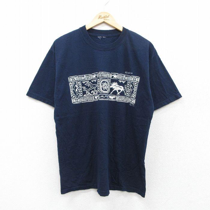 【50%OFF】L★古着 半袖 ビンテージ Tシャツ メンズ 00年代 00s アラスカ クルーネック 紺 ネイビー 25aug01 中古