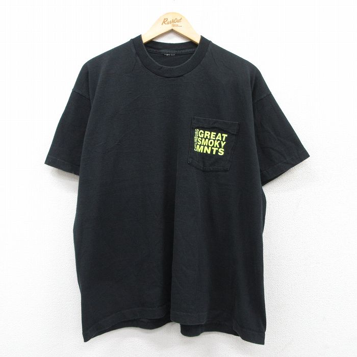 【20%OFF】XL★古着 半袖 ビンテージ Tシャツ メンズ 90年代 90s GREAT SMOKY MNTS 胸ポケット付き クルーネック 黒 ブラック 25aug01 中古
