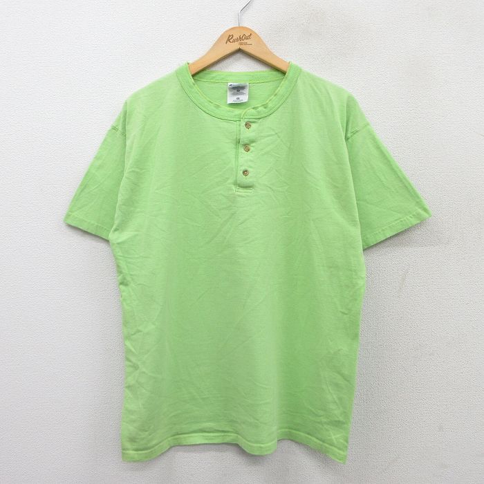 L★古着 半袖 ビンテージ Tシャツ メンズ 00年代 00s 無地 コットン ヘンリーネック 黄緑 25aug01 中古