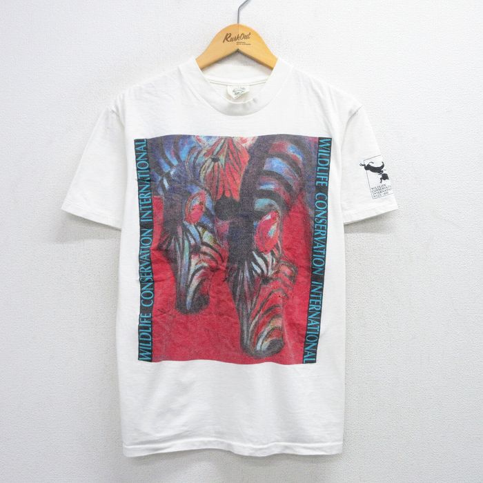L★古着 半袖 ビンテージ Tシャツ メンズ 90年代 90s シマウマ コットン クルーネック USA製 白 ホワイト 【spe】 25aug01 中古