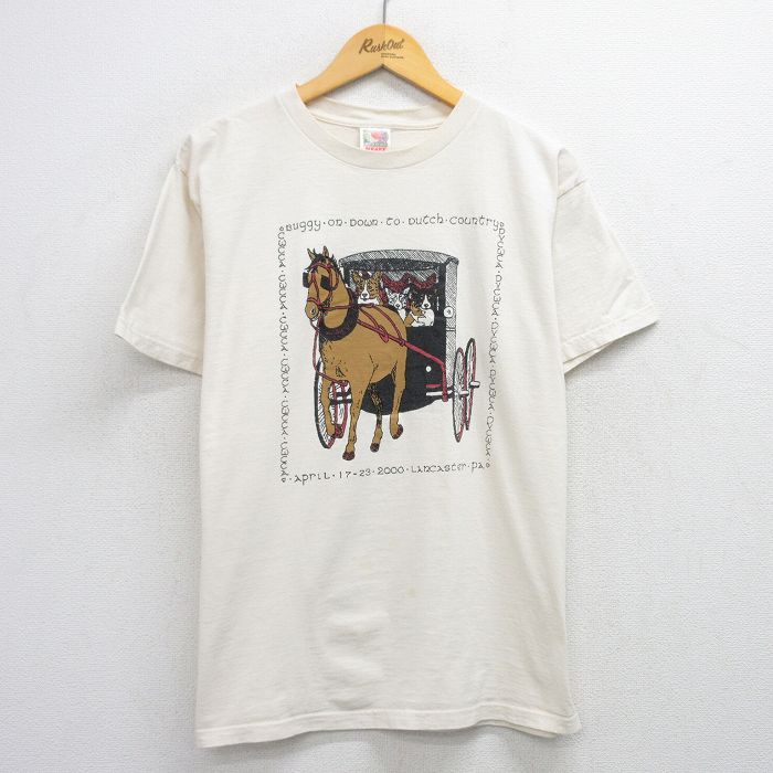 L★古着 フルーツオブザルーム 半袖 ビンテージ Tシャツ メンズ 00年代 00s 馬車 犬 コットン クルーネック 生成り 25aug01 中古