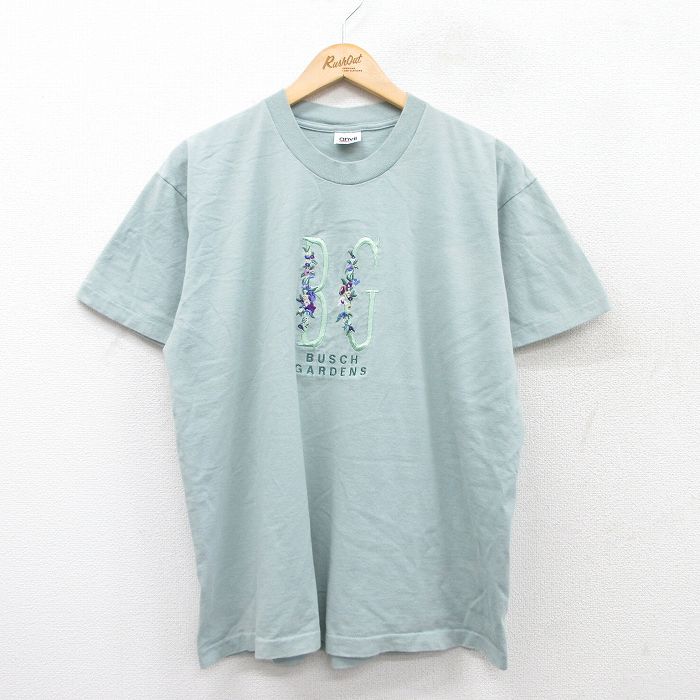 L★古着 半袖 ビンテージ Tシャツ メンズ 90年代 90s BUSCH GARDENS 花 刺繍 コットン クルーネック USA製 青緑系 25aug01 中古