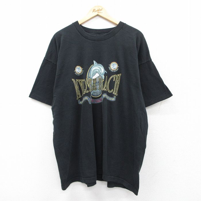 【50%OFF】XL★古着 フルーツオブザルーム 半袖 ビンテージ Tシャツ メンズ 90年代 90s マートルビーチ イルカ 大きいサイズ コットン クルーネック USA製 黒 ブラック 25aug01 中古