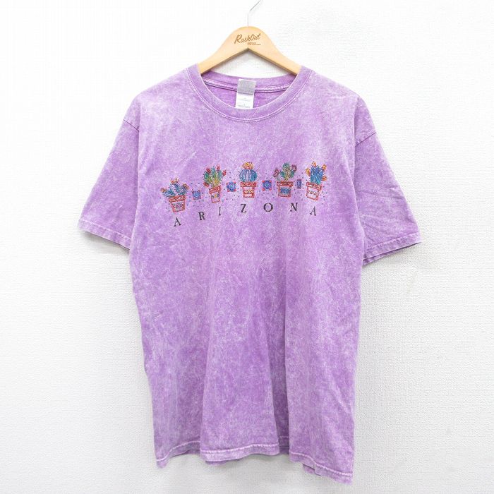 L★古着 半袖 ビンテージ Tシャツ メンズ 00年代 00s アリゾナ サボテン 刺繍 コットン クルーネック 紫 パープル 25aug01 中古
