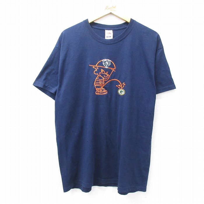 XL★古着 フルーツオブザルーム 半袖 ビンテージ Tシャツ メンズ 00年代 00s 男の子 NFL グリーンベイパッカーズ 刺繍 クルーネック 紺 ネイビー アメフト スーパーボウル 25aug02 中古