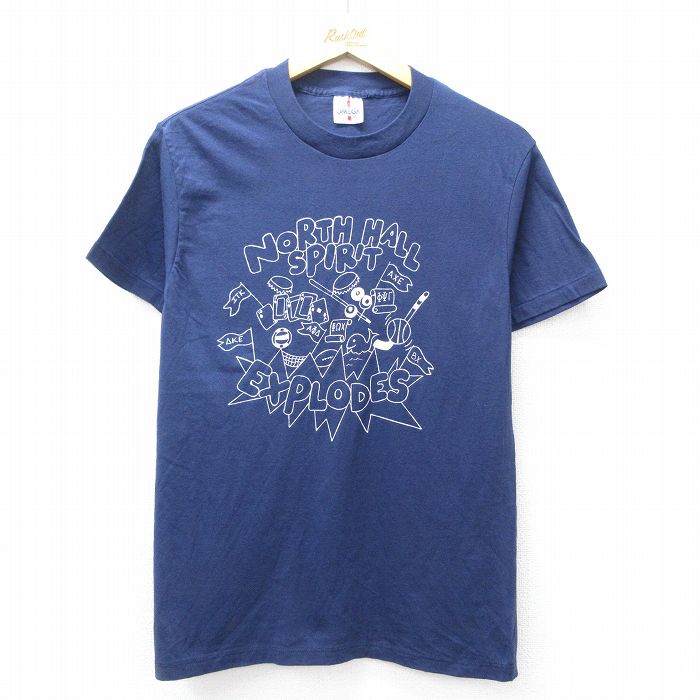 【50%OFF】M★古着 半袖 ビンテージ Tシャツ メンズ 80年代 80s NORTH HALL SPIRIT クルーネック USA製 紺 ネイビー 25aug02 中古