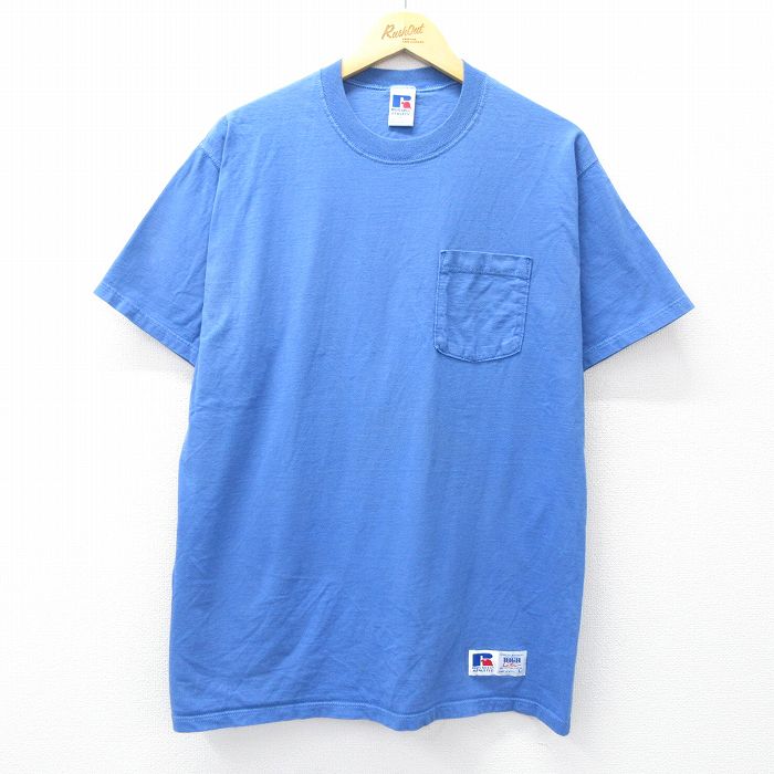 L★古着 ラッセル 半袖 ビンテージ Tシャツ メンズ 90年代 90s 無地 胸ポケット付き コットン クルーネック USA製 青 ブルー 【spe】 25aug02 中古