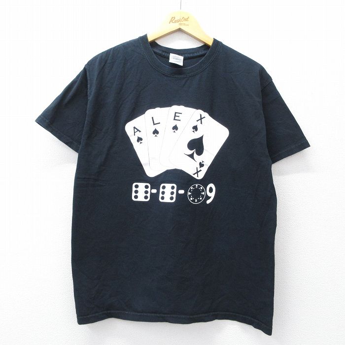 L★古着 半袖 ビンテージ Tシャツ メンズ 00年代 00s トランプ サイコロ コットン クルーネック 黒 ブラック 25aug02 中古