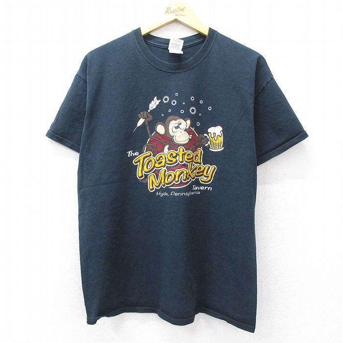 L★古着 半袖 ビンテージ Tシャツ メンズ 00年代 00s サル コットン クルーネック 黒 ブラック 25aug02 中古