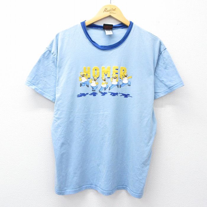 L★古着 半袖 ビンテージ Tシャツ メンズ 00年代 00s シンプソンズ ホーマー コットン クルーネック 水色 25aug02 中古