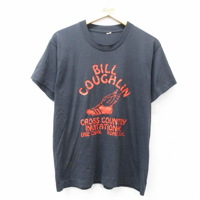 L★古着 半袖 ビンテージ Tシャツ メンズ 80年代 80s ウイングフット ビルカフリン クルーネック 黒 ブラック 25aug02 中古