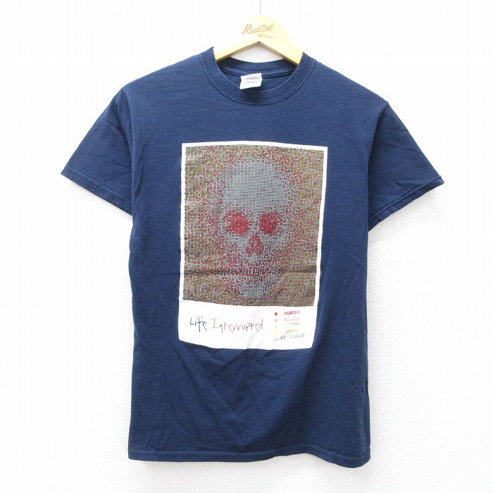 S★古着 半袖 ビンテージ Tシャツ メンズ 00年代 00s スカル コットン クルーネック 紺 ネイビー 25aug02 中古
