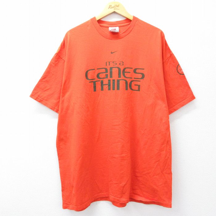 XL★古着 ナイキ NIKE 半袖 ビンテージ Tシャツ メンズ 00年代 00s canes thing 大きいサイズ ロング丈 コットン クルーネック オレンジ 25aug02 中古