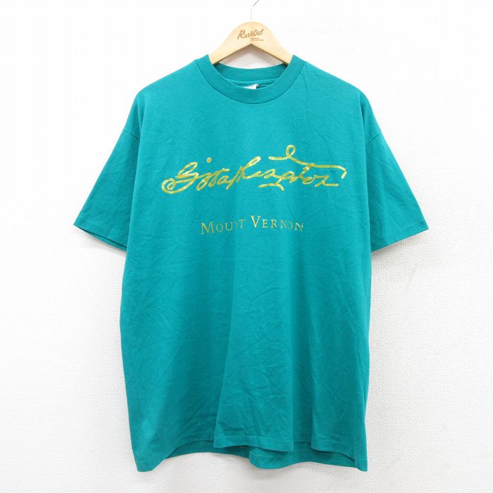 XL★古着 ヘインズ Hanes 半袖 ビンテージ Tシャツ メンズ 90年代 90s マウントバーノン クルーネック USA製 青緑 25aug02 中古