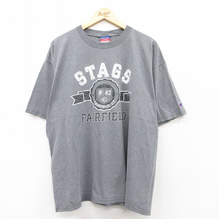 XL★古着 チャンピオン champion 半袖 ビンテージ Tシャツ メンズ 00年代 00s STAG フェアフィールド オオカミ クルーネック グレー 霜降り 25aug02 中古
