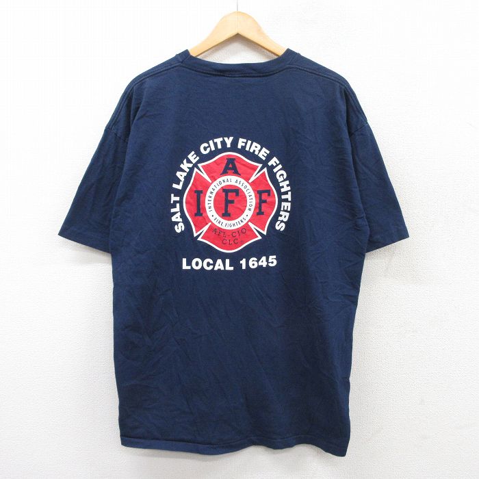 【50%OFF】XL★古着 半袖 ビンテージ Tシャツ メンズ 90年代 90s 消防署 大きいサイズ コットン クルーネック USA製 紺 ネイビー 25aug02 中古