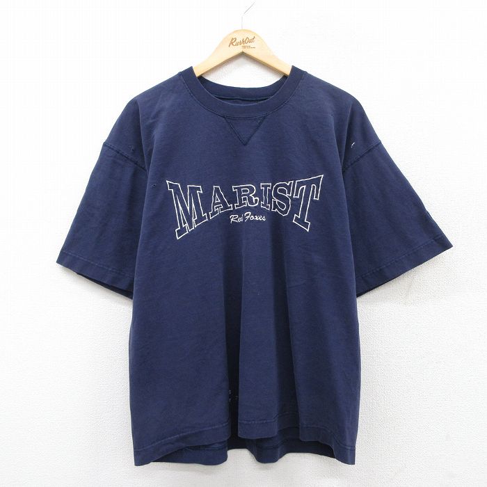 XL★古着 ラッセル 半袖 ビンテージ Tシャツ メンズ 90年代 90s マリストレッドフォクシーズ 刺繍 大きいサイズ コットン クルーネック USA製 紺 ネイビー 25aug02 中古
