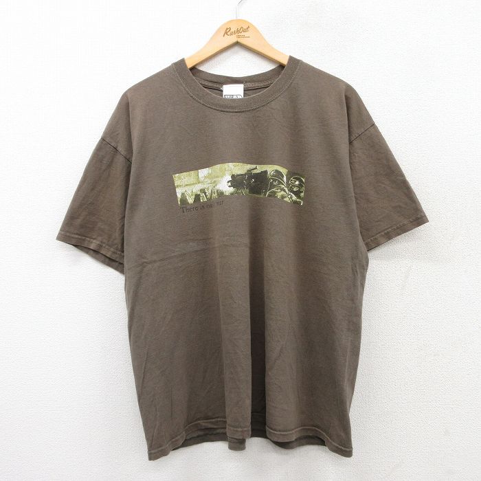 XL★古着 半袖 ビンテージ Tシャツ メンズ 00年代 00s ミリタリー 銃 コットン クルーネック 茶 ブラウン 25aug02 中古