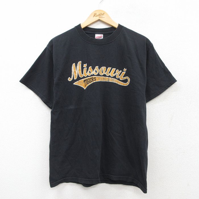 【50%OFF】M★古着 半袖 ビンテージ Tシャツ メンズ 00年代 00s ミズーリタイガース コットン クルーネック 黒 ブラック 25aug02 中古