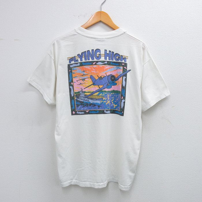 XL★古着 ヘインズ Hanes 半袖 ビンテージ Tシャツ メンズ 90年代 90s FLYING HIGH 飛行機 クルーネック 白 ホワイト 25aug02 中古