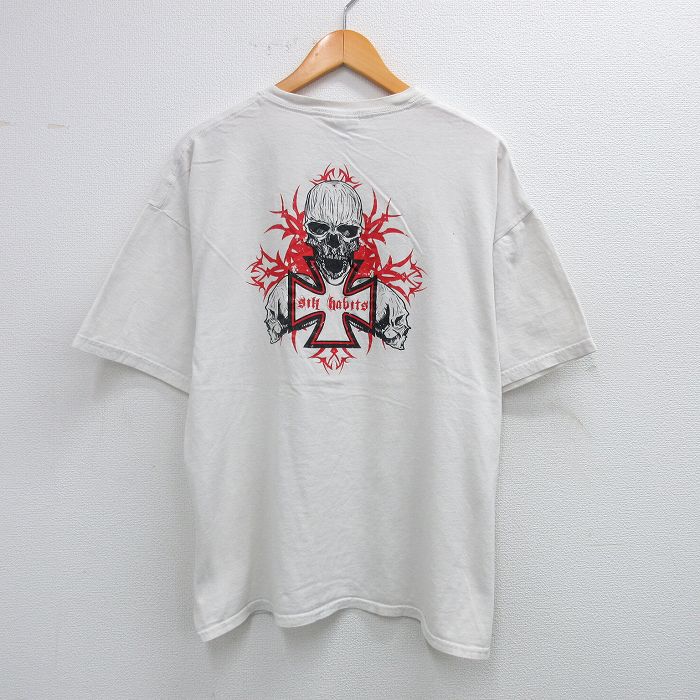 【50%OFF】XL★古着 半袖 ビンテージ Tシャツ メンズ 00年代 00s スカル sik habits 大きいサイズ コットン クルーネック 白 ホワイト 25aug02 中古