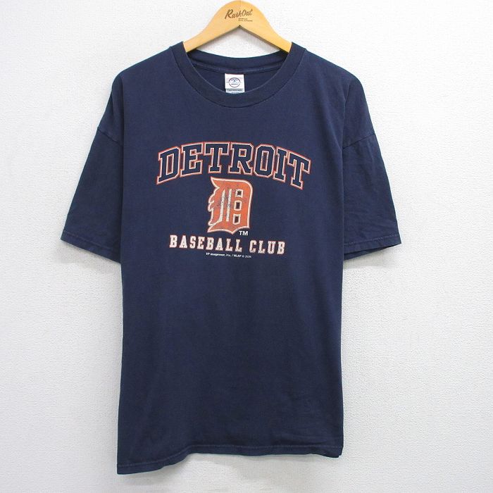 XL★古着 半袖 ビンテージ Tシャツ メンズ 00年代 00s MLB デトロイトタイガース 大きいサイズ コットン クルーネック 紺 ネイビー メジャーリーグ ベースボール 野球 25aug02 中古