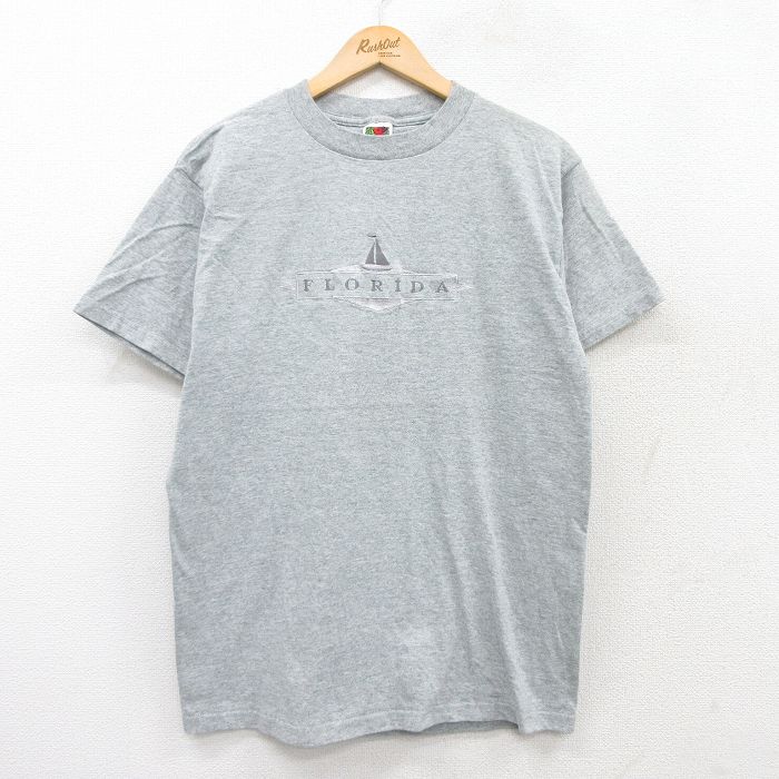 L★古着 フルーツオブザルーム 半袖 ビンテージ Tシャツ メンズ 00年代 00s フロリダ 刺繍 クルーネック グレー 霜降り 25aug02 中古