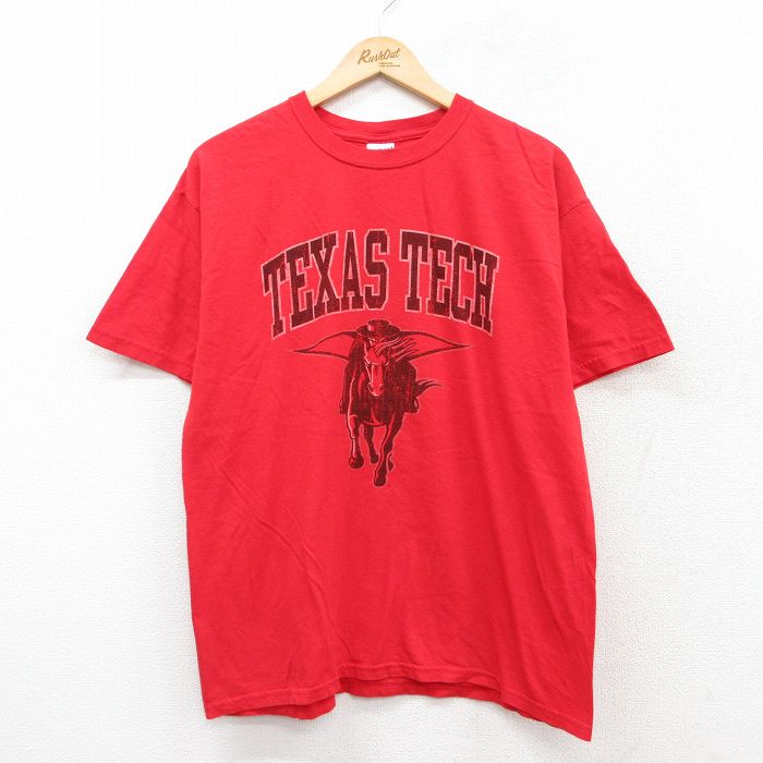 【20%OFF】L★古着 半袖 ビンテージ Tシャツ メンズ 00年代 00s TEXAS TECH コットン クルーネック 赤 レッド 25aug02 中古