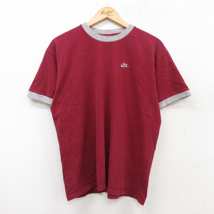 【20%OFF】L★古着 ナイキ NIKE 半袖 ビンテージ Tシャツ メンズ 00年代 00s ワンポイントロゴ コットン クルーネック エンジ リンガー 25aug02 中古