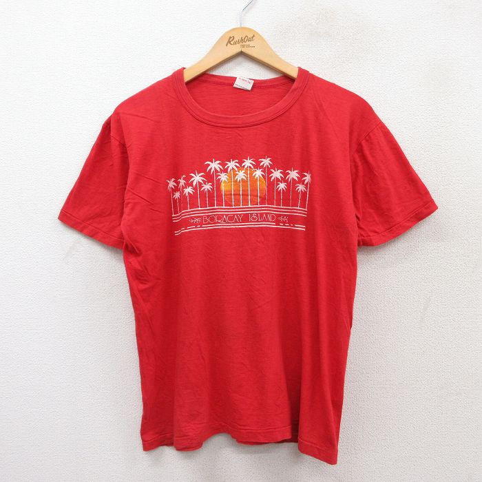 L★古着 半袖 ビンテージ Tシャツ メンズ 90年代 90s BORACAY ISLAND ヤシの木 クルーネック 赤 レッド 25aug02 中古