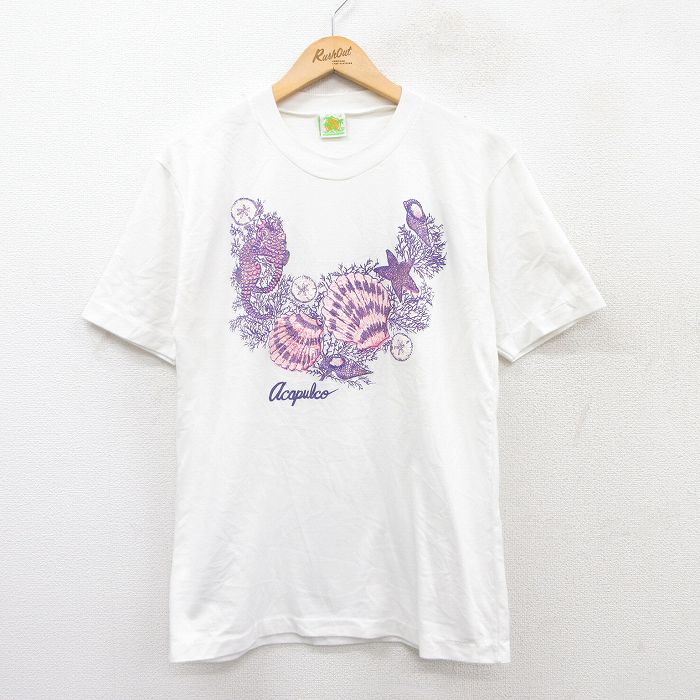 M★古着 半袖 ビンテージ Tシャツ メンズ 90年代 90s 貝殻 ヒトデ クルーネック 白 ホワイト 25aug04 中古
