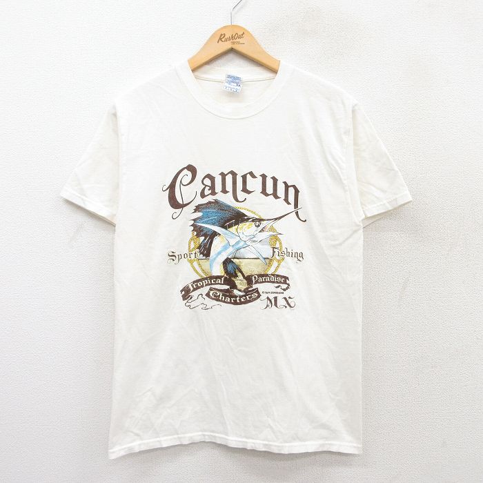 M★古着 半袖 ビンテージ Tシャツ メンズ 00年代 00s カンクン カジキ コットン クルーネック 白 ホワイト 25aug04 中古