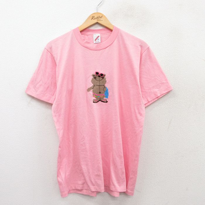 L★古着 ジャージーズ 半袖 ビンテージ Tシャツ メンズ 80年代 80s クマ 刺繍 クルーネック USA製 ピンク 25aug04 中古