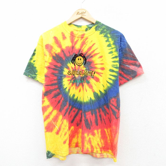 L★古着 ジャージーズ 半袖 ビンテージ Tシャツ メンズ 00年代 00s スマイル バハマ 刺繍 コットン クルーネック 黄他 イエロー タイダイ 25aug04 中古