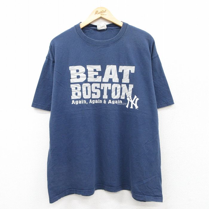 XL★古着 リー Lee 半袖 ビンテージ Tシャツ メンズ 00年代 00s MLB ニューヨークヤンキース 大きいサイズ コットン クルーネック 紺 ネイビー メジャーリーグ ベースボール 野球 25aug04 中古