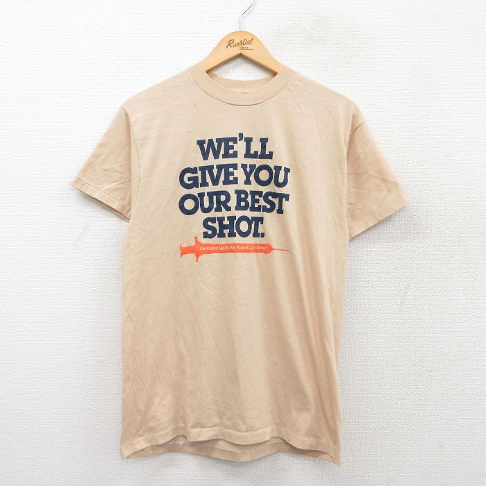 【50%OFF】M★古着 ヘインズ Hanes 半袖 ビンテージ Tシャツ メンズ 80年代 80s WELL GIVE 注射器 クルーネック USA製 ベージュ カーキ 25aug04 中古