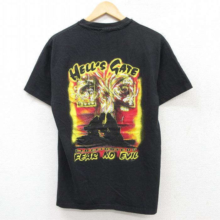 M★古着 ヘインズ Hanes 半袖 ビンテージ Tシャツ メンズ 90年代 90s HELLS GATE 消防士 コットン クルーネック 黒 ブラック 25aug04 中古