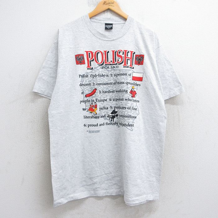 XL★古着 HAGGAR 半袖 ビンテージ Tシャツ メンズ 90年代 90s POLISH 地図 大きいサイズ コットン クルーネック USA製 薄グレー 霜降り 【spe】 25aug05 中古