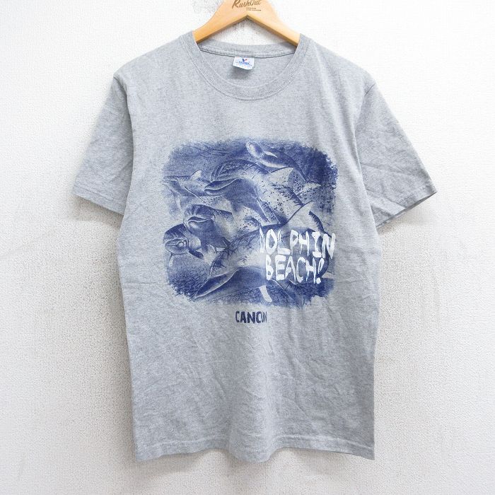 【50%OFF】M★古着 半袖 ビンテージ Tシャツ メンズ 00年代 00s イルカ クルーネック グレー 霜降り 25aug05 中古
